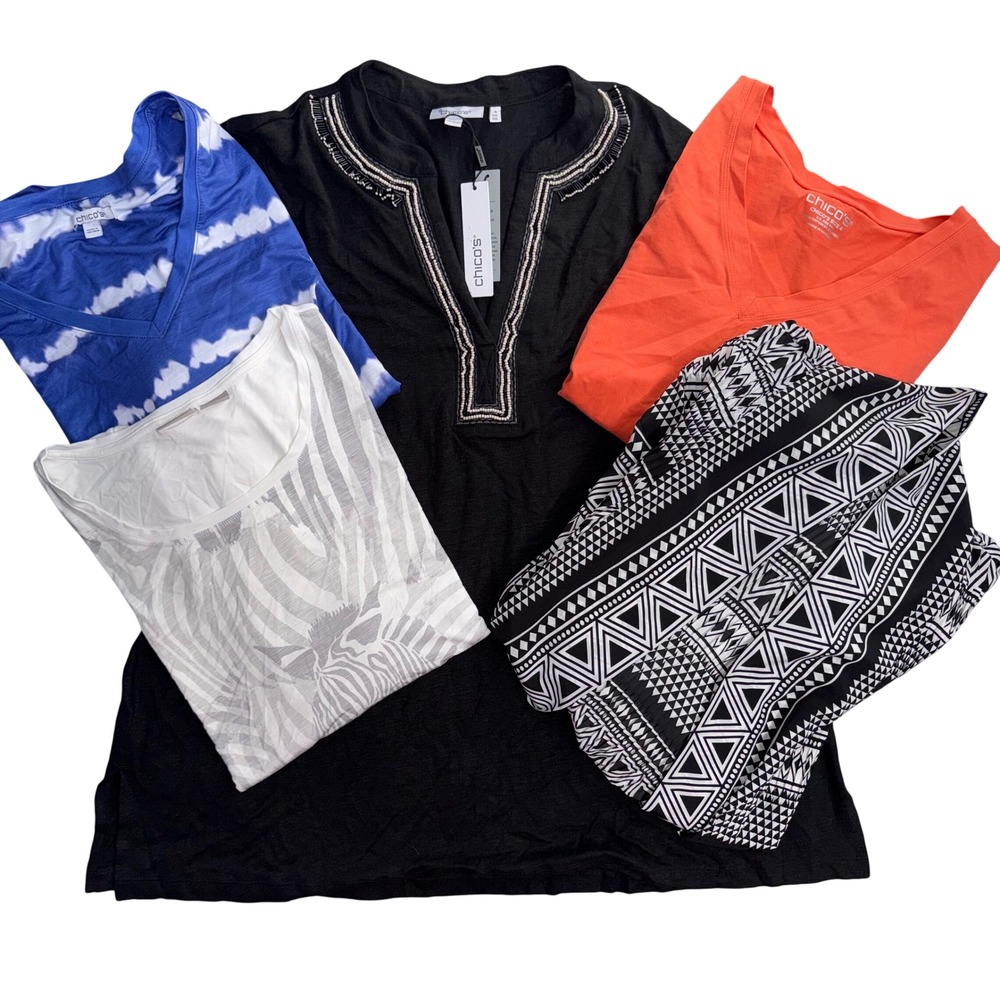 Chicos Bundle 5 Tops Size 4 XXL Black Linen Beaded Tunic Zebra Tie Dye Orange